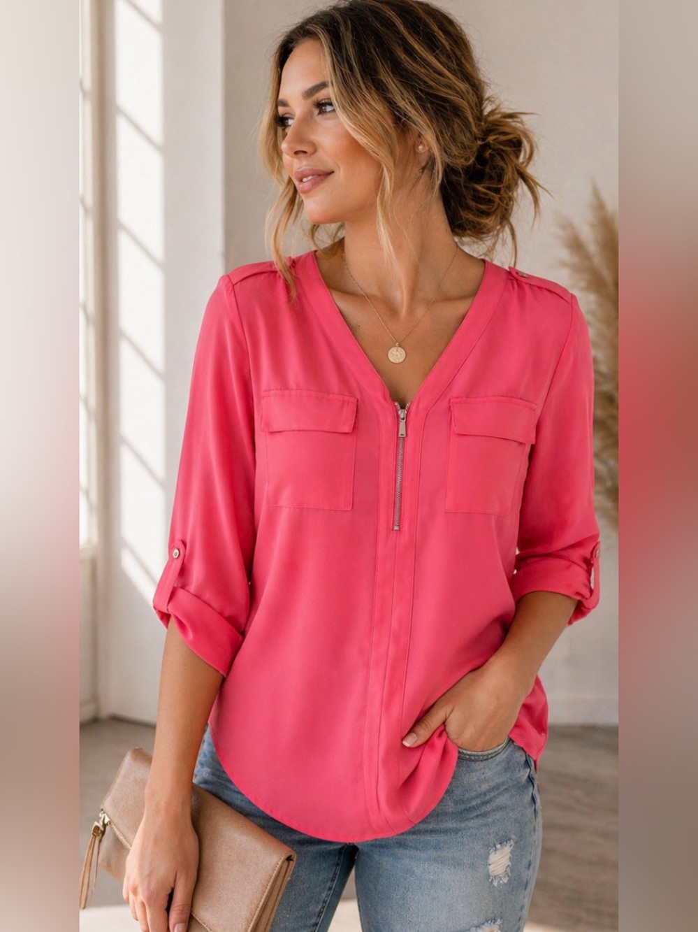 Candie's Coral Pink V-Neck Zip Front Blouse XS